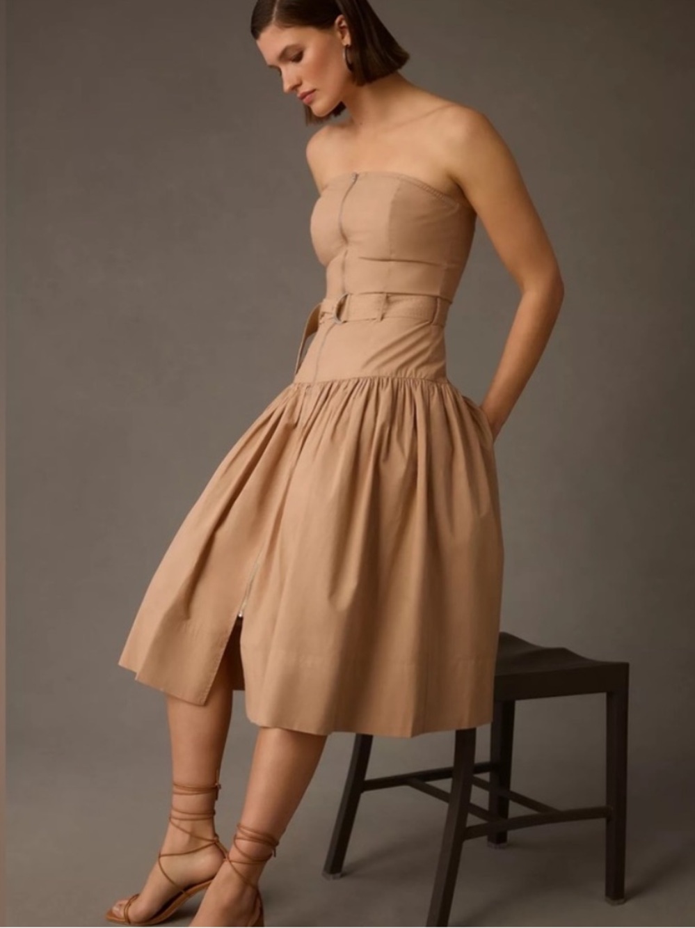 Love The Label Anthropologie Strapless Khaki Midi Dress Smocked Back Tie Belt M - Picture 1 of 8